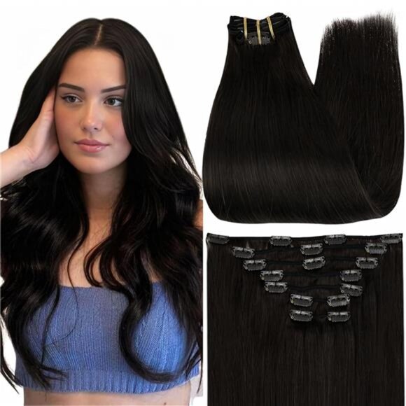 Full Shine 24 Inch Black Human Hair Clip in Extensions Brazilian Human Hair - Picture 1 of 7